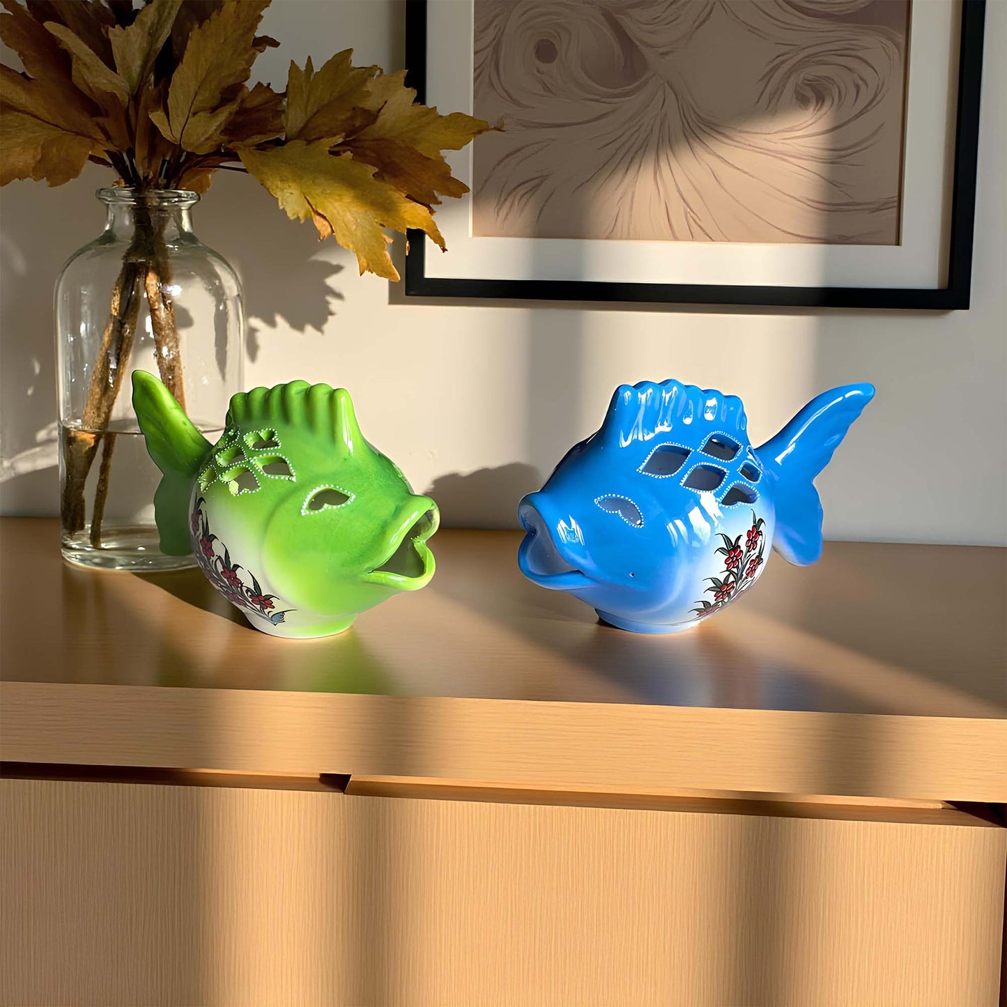 Fish design ceramic tealight candle holder handmade, artisan hand-painted ceramic lantern for home décor, works with real tealight or LED candles