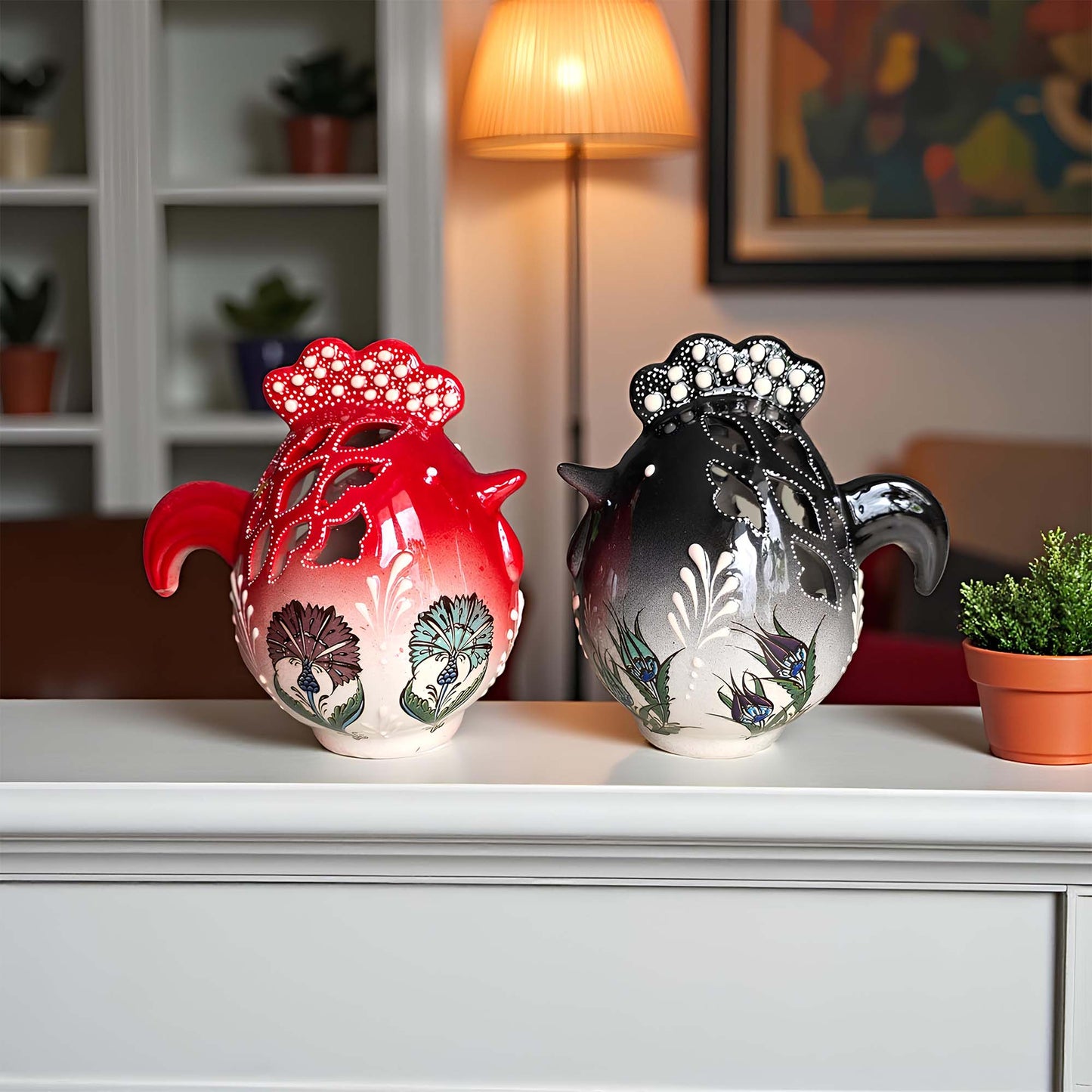 Rooster design ceramic tealight candle holder handmade, artisan hand-painted rooster lantern, fits real tealight or LED candles for rustic home décor