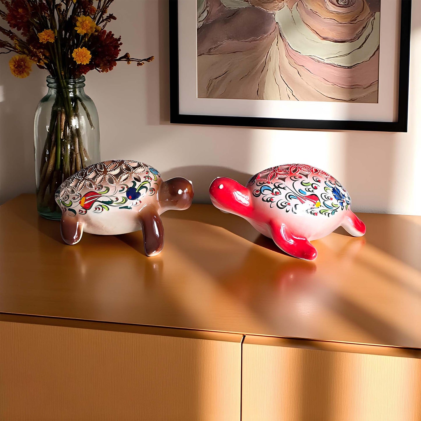 Hand-painted turtle design ceramic tealight candle holder, artisan handmade lantern for home décor, fits real tealight or LED candles