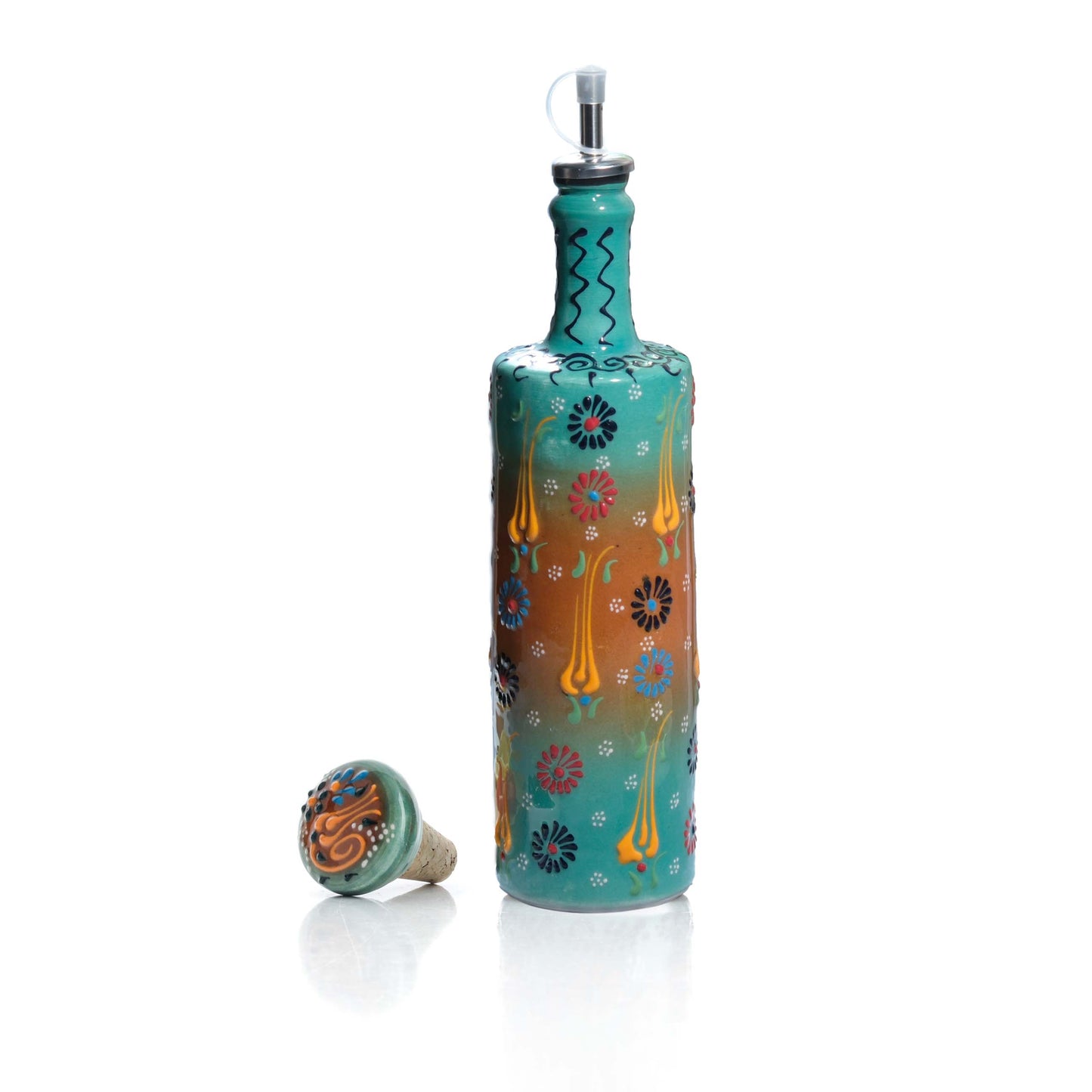 Decorative oil bottle with colorful design on a white background