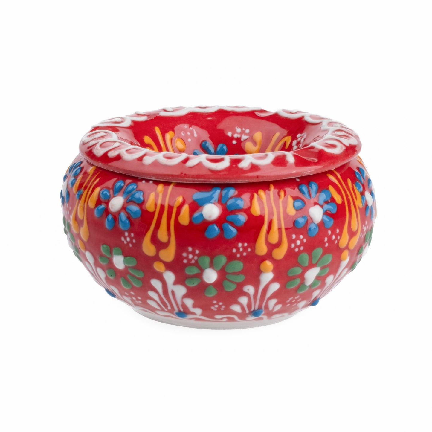 Decorative ceramic ashtray with colorful floral patterns on a white background
