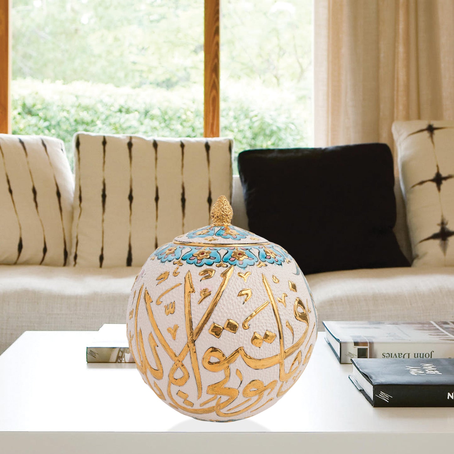 Hand-painted Gold Script globe jar with Arabic calligraphy in gold and turquoise floral trim. Spherical ceramic jar with gilded finial, perfect décor or gift.