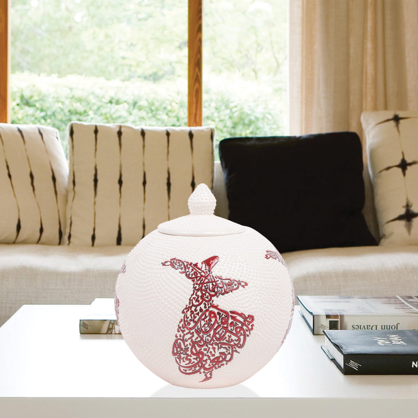 Hand-painted Whirling Dervish ceramic globe jar with Arabic calligraphy design. Available in red or blue, artisan-made, perfect for spiritual décor or gifts.