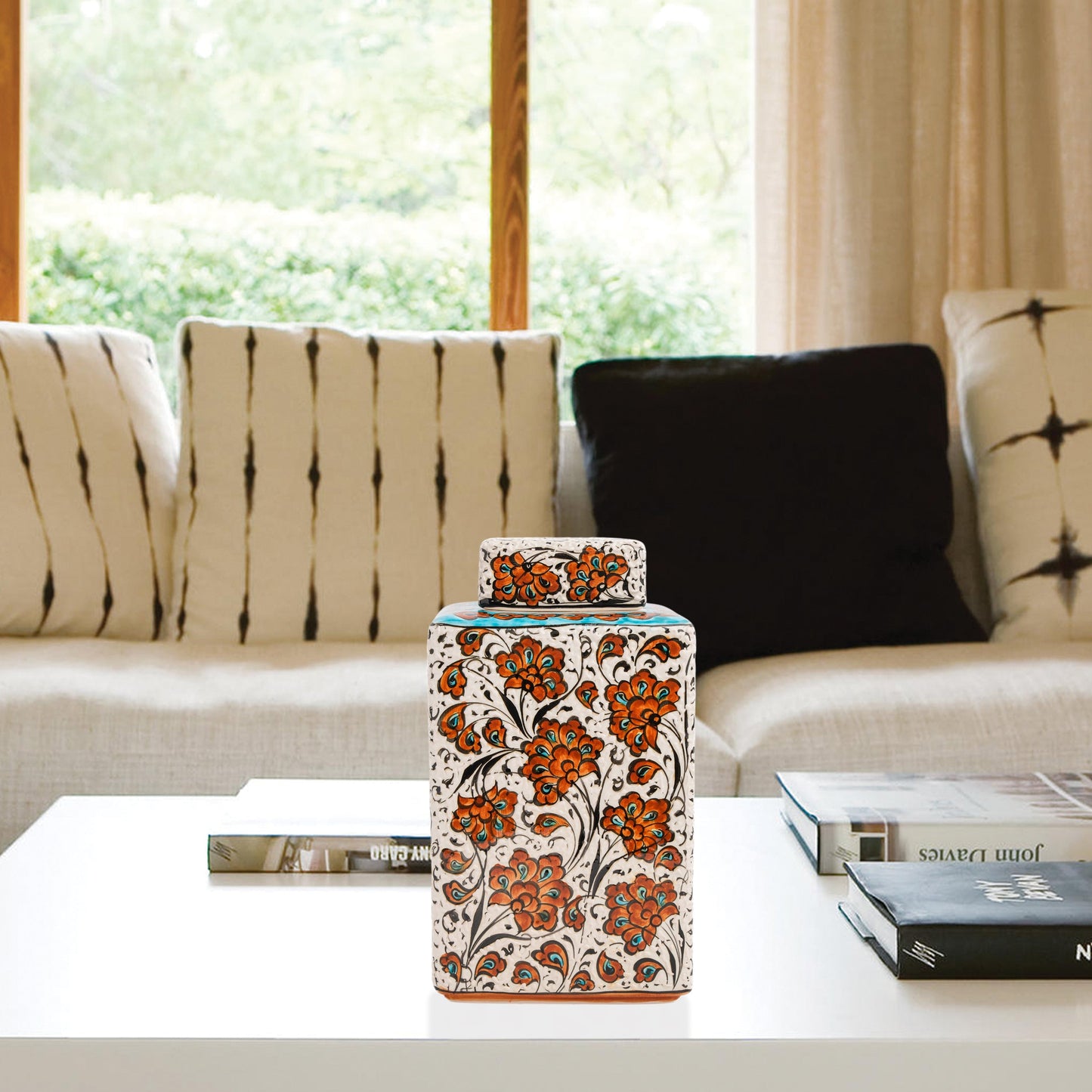 Hand-painted Terracotta Bloom ceramic jar with vivid orange floral motifs. Square lidded design, artisan-crafted, perfect for tea, spices, décor, or gifts.