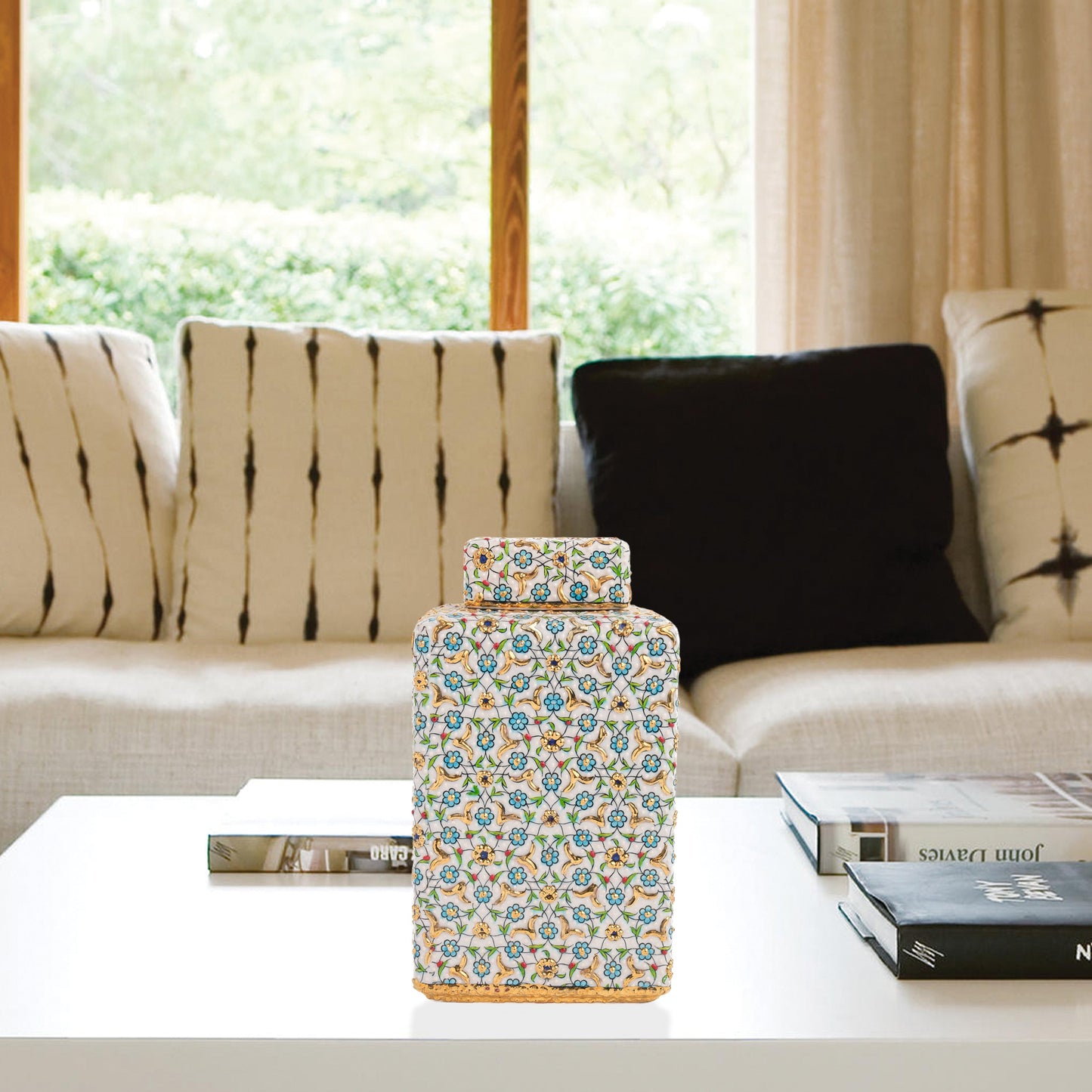 Handmade Ceramic Jar, Turquoise Bloom Decorative Jar with Lid, Ceramic Square Jar