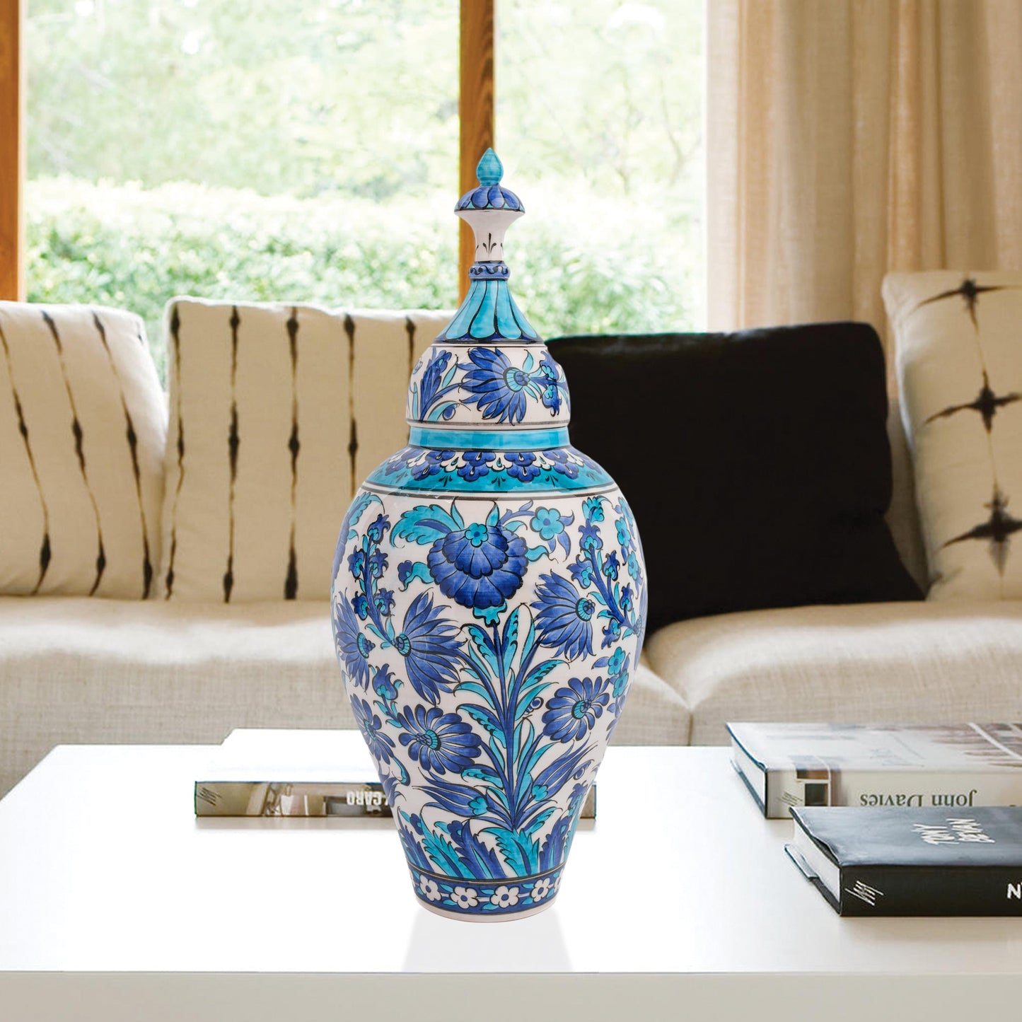 Hand-painted Vizier Blue ceramic canister with Ottoman floral motifs in cobalt, turquoise & azure. Tall lidded vase, artisan-made, perfect décor or gift.