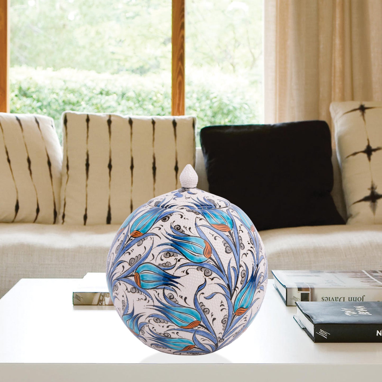 Hand-painted Turquoise Tulip globe jar with Ottoman floral motifs in turquoise & cobalt. Spherical ceramic design, artisan-made, perfect décor or gift.