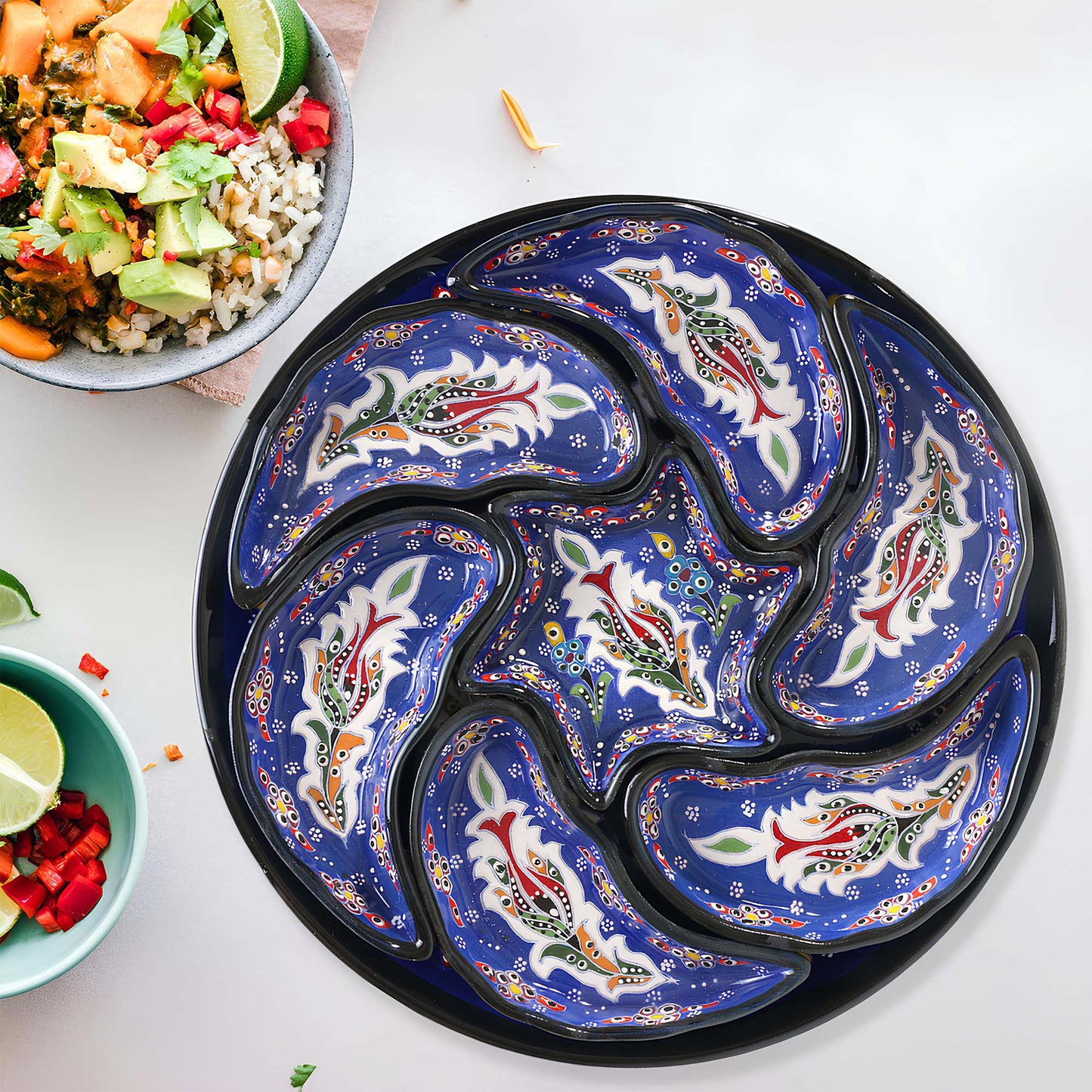 Blue Turkish floral ceramic snack serving tray set, 8-piece handmade platter with multicolor motifs, artisan appetizer and nut dish set