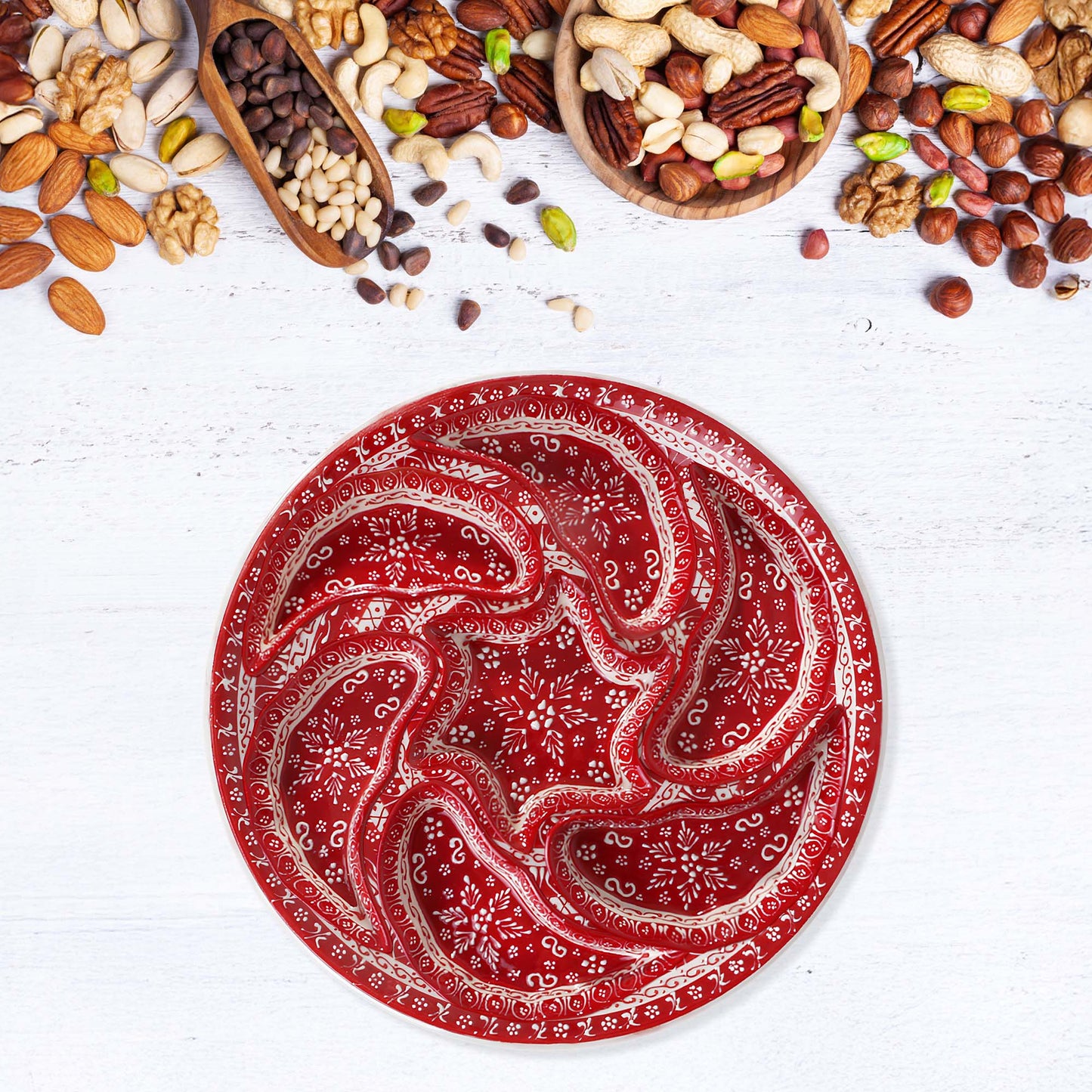 Hand-painted red Turkish ceramic serving tray set, 8-piece platter for snacks, appetizers, dips, and desserts, festive dining table centerpiece