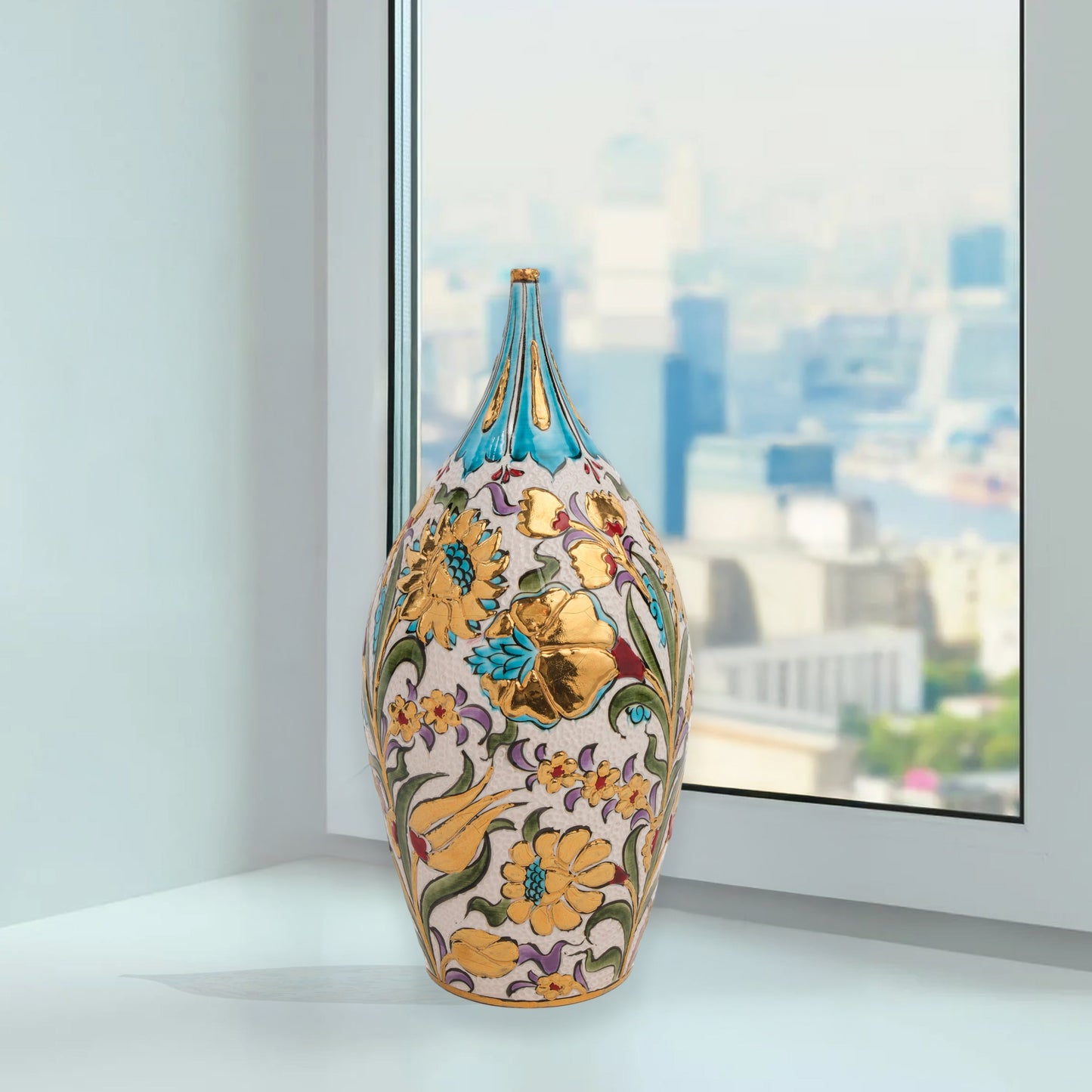 Hand-painted ceramic decorative bottle with Ottoman floral motifs and golden accents. Glossy glazed vase, artisan-made, perfect for elegant décor or gifts.