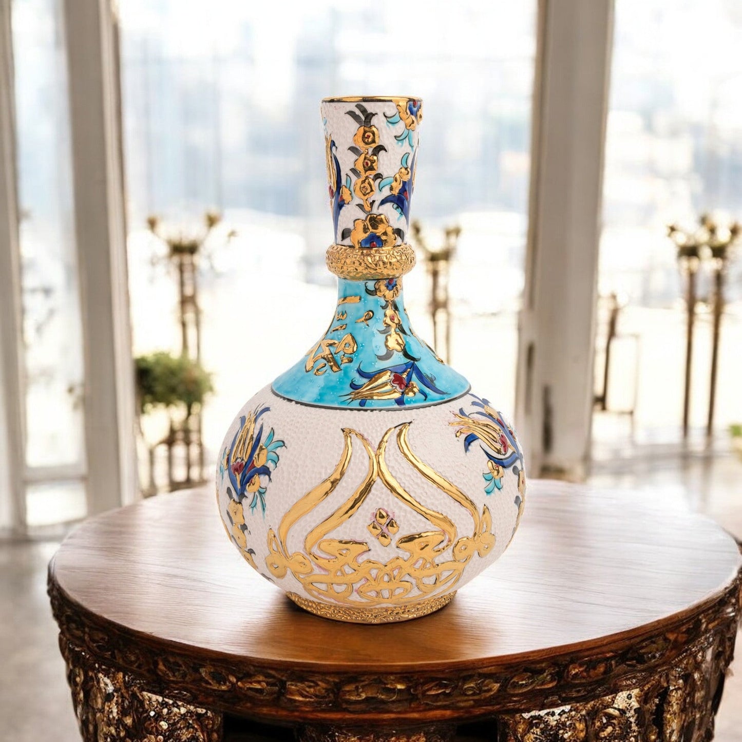 Handmade Ceramic Decorative Vase, Turquoise Calligraphy Ceramic Vase, Golden Vase