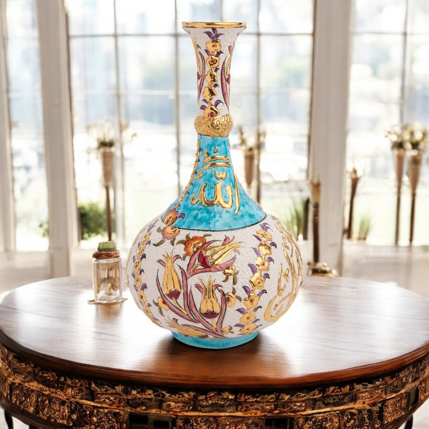 Handmade Ceramic Decorative Vase, Turquoise Calligraphy Ceramic Vase, Golden Vase