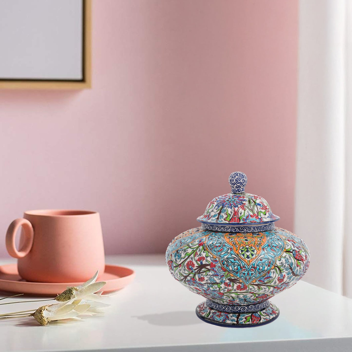 Hand-painted Royal Ornament ceramic jar with Ottoman floral and geometric motifs in turquoise, orange & navy. Wide artisan jar, perfect décor or luxury gift.