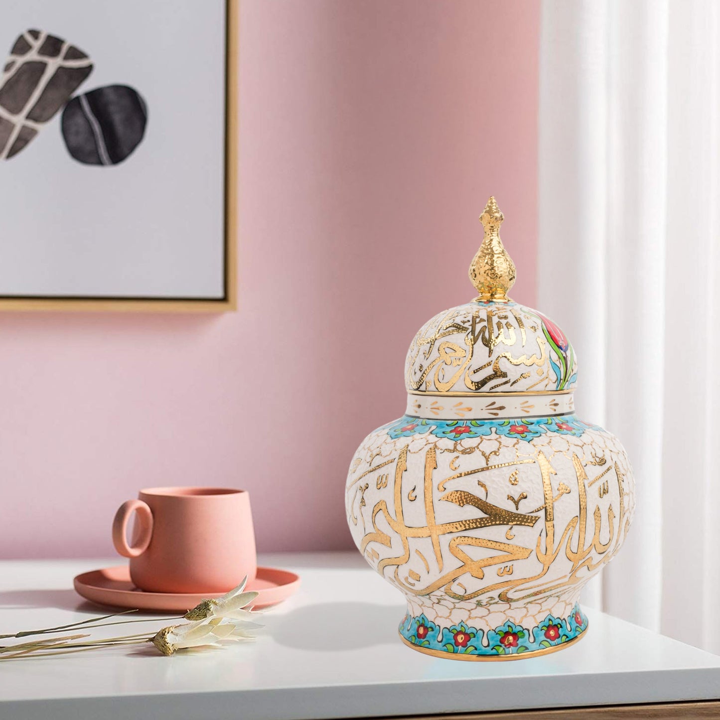 Hand-painted Vizier Bloom ceramic jar with vivid Ottoman floral motifs and turquoise finial lid. Wide-bodied artisan jar, perfect as candy bowl, décor, or gift.