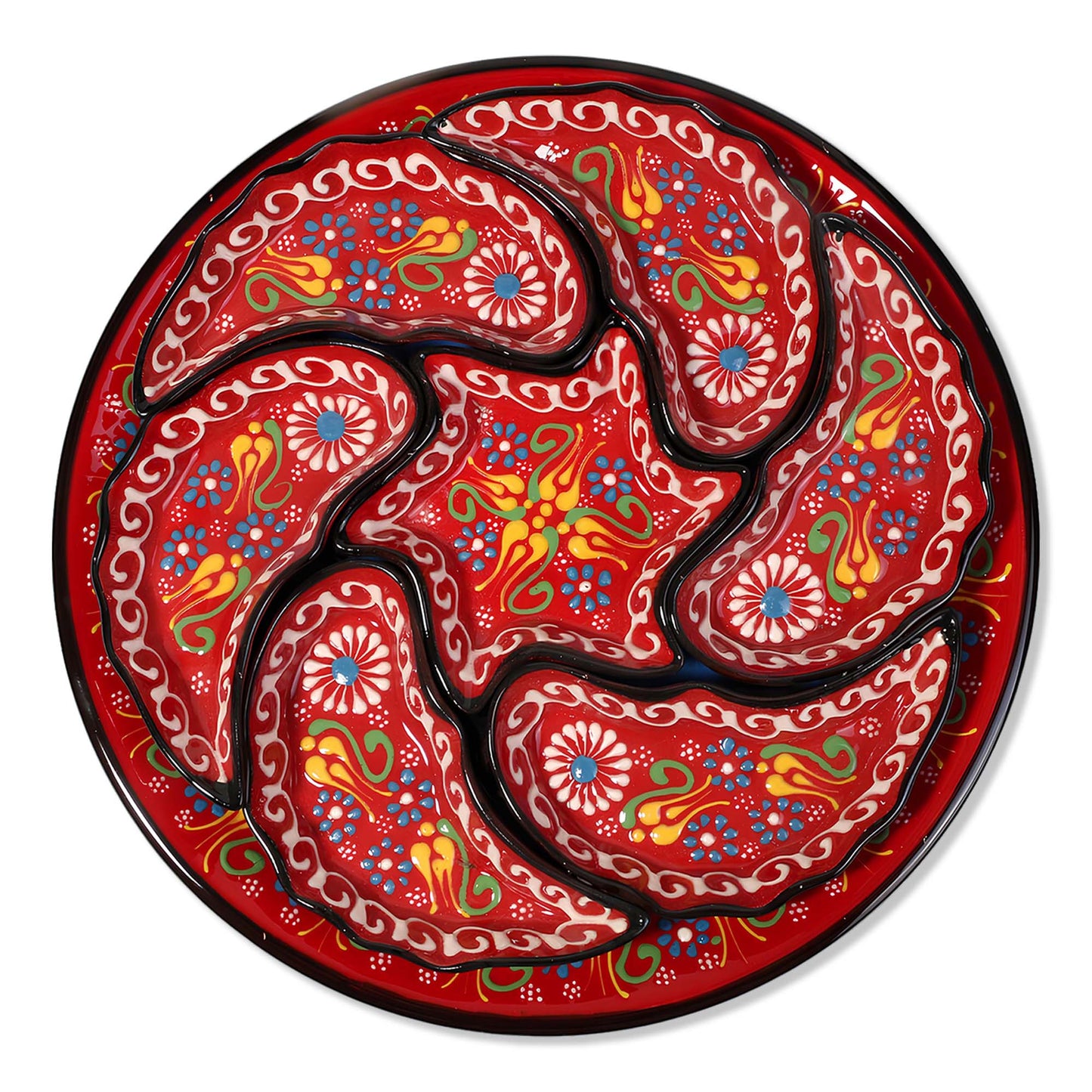 Decorative snack serving tray set with colorful paisley patterns on a red background