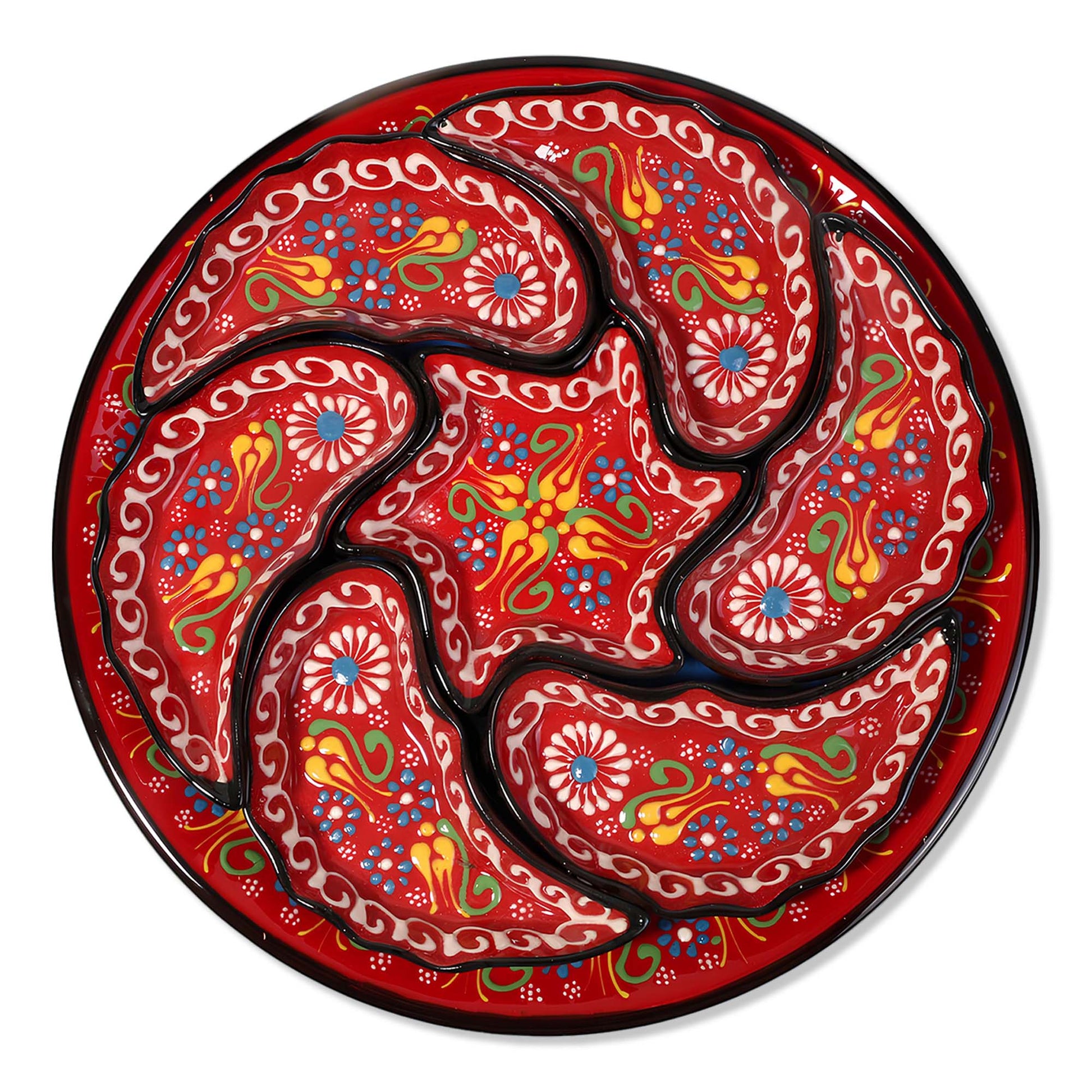 Decorative snack serving tray set with colorful paisley patterns on a red background