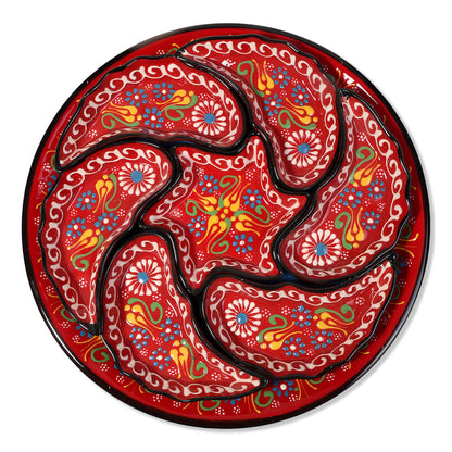 Decorative snack serving tray set with colorful paisley patterns on a red background
