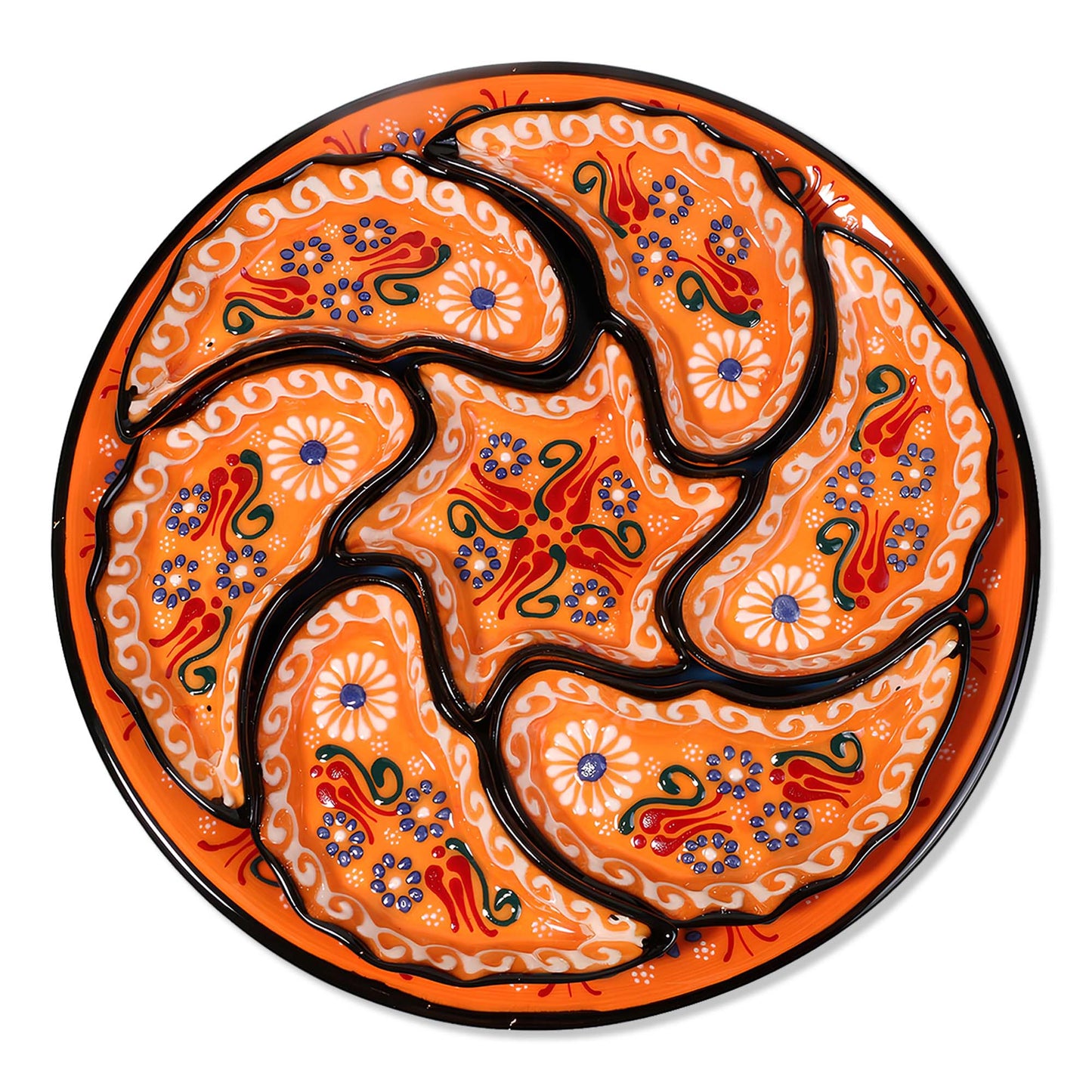 Decorative snack serving tray set with intricate patterns on an orange background