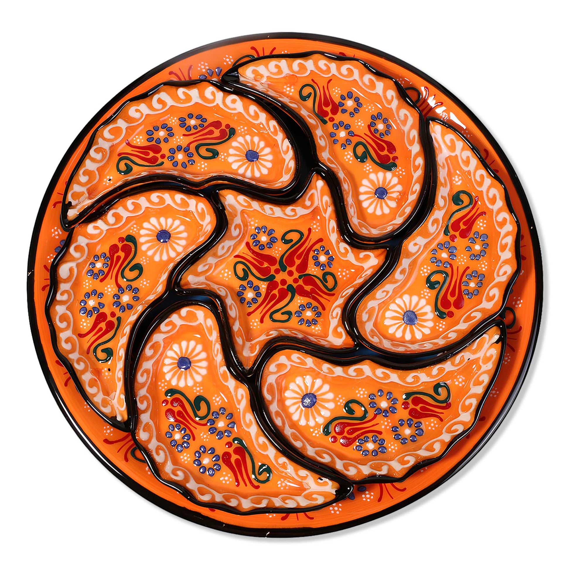 Decorative snack serving tray set with intricate patterns on an orange background