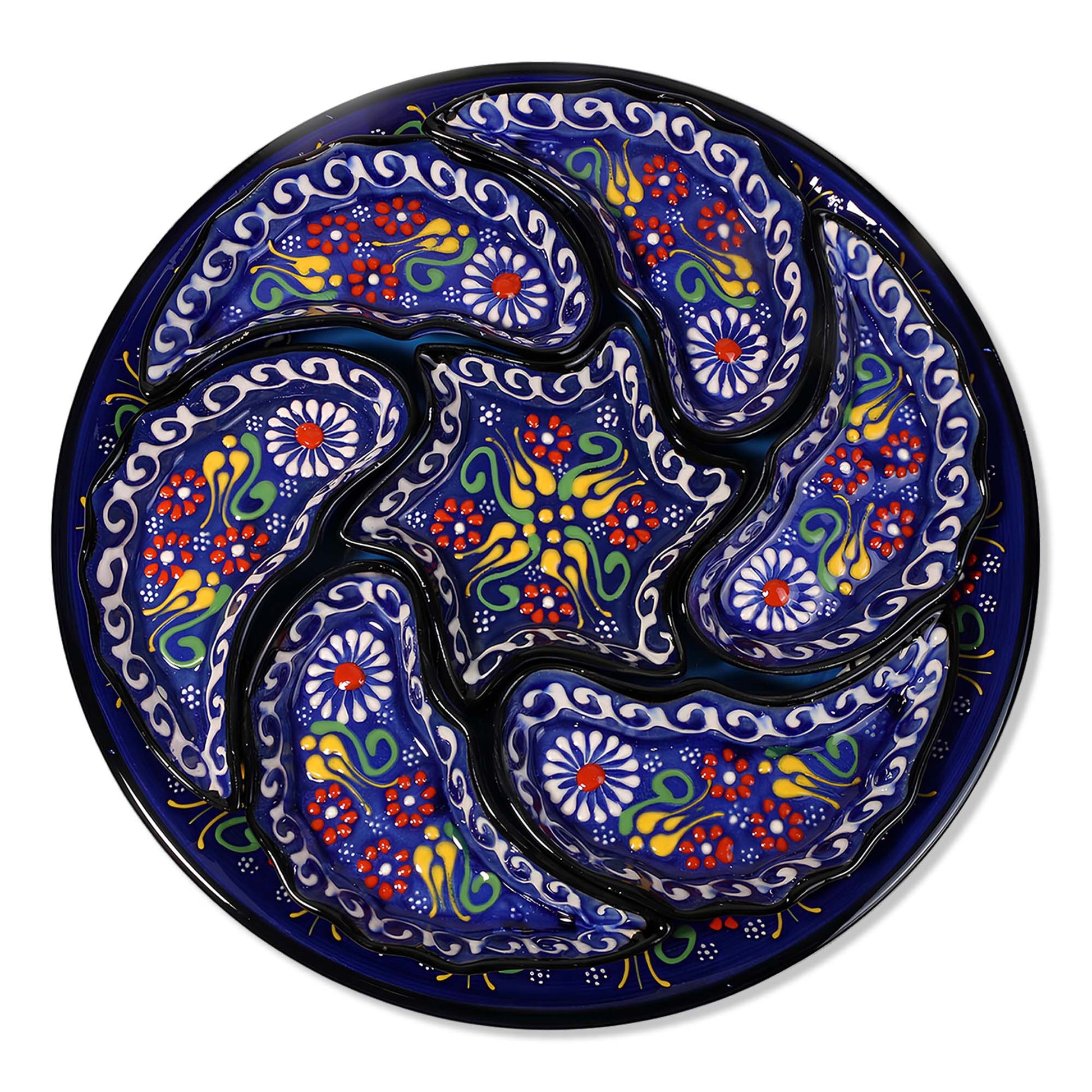 Decorative ceramic snack serving tray set with colorful paisley design on a white background