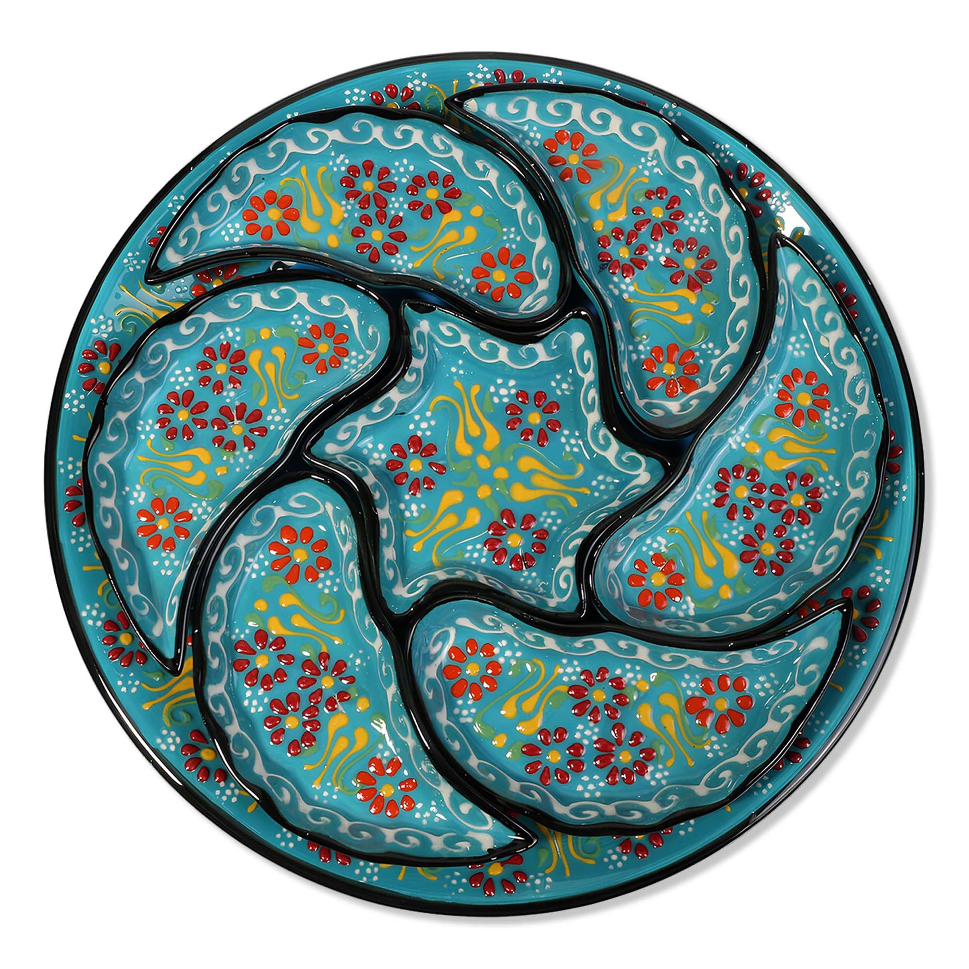 Turquoise Turkish floral ceramic snack serving tray set, 8-piece handmade platter with red and yellow floral motifs, artisan appetizer dish set