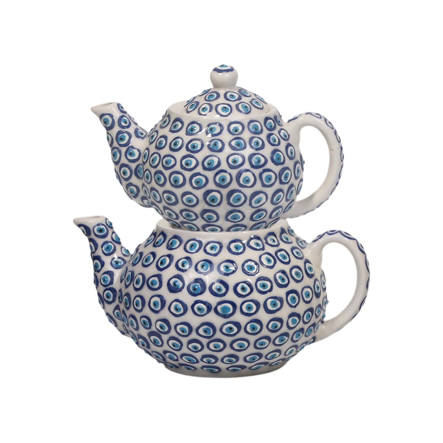 Two ceramic teapots with blue and white pattern on a white background