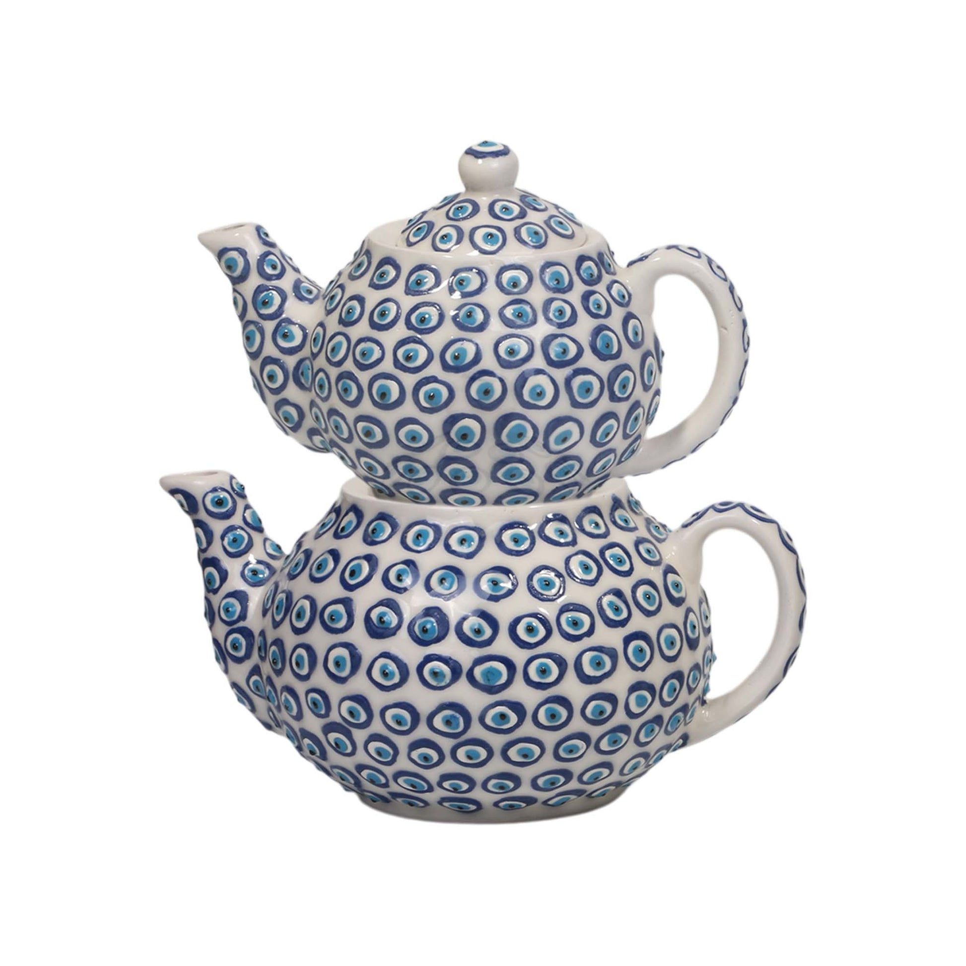 Two ceramic teapots with blue and white pattern on a white background