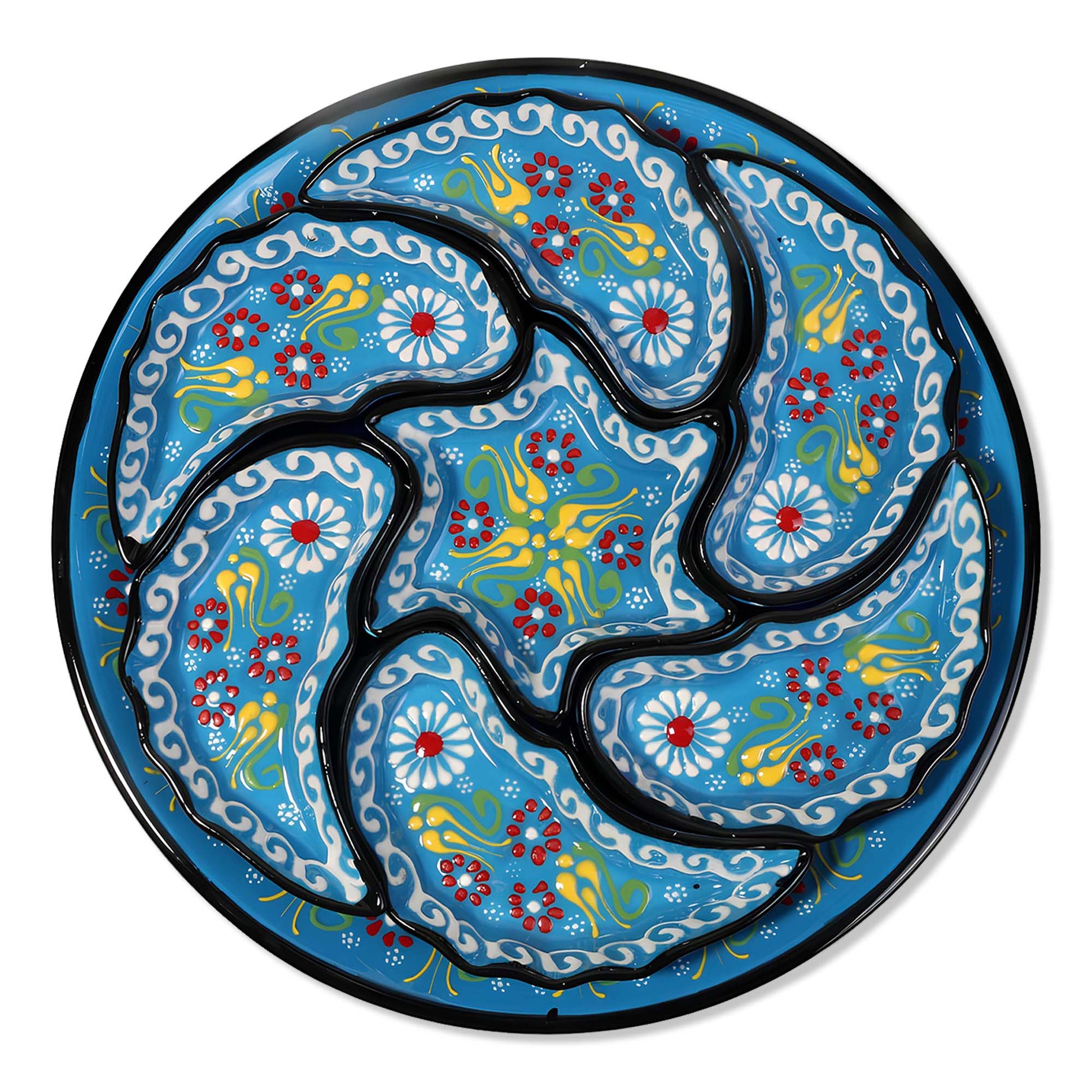 Decorative snack serving tray set with floral patterns and a blue background