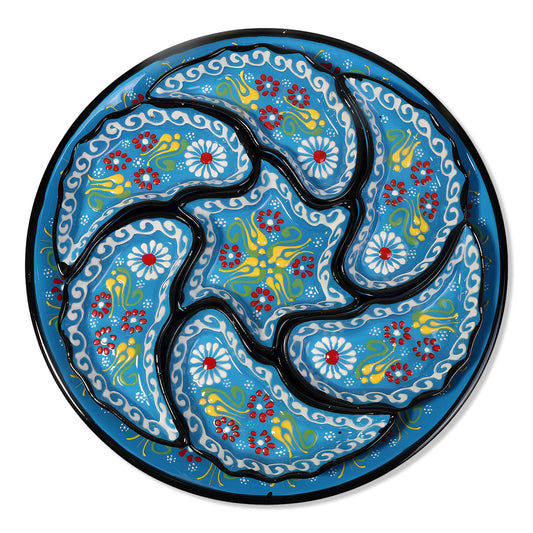 Decorative snack serving tray set with floral patterns and a blue background