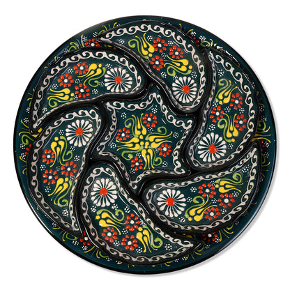 Green Turkish floral ceramic snack serving tray set, 8-piece handmade platter with red, yellow, and white motifs, artisan appetizer dish set