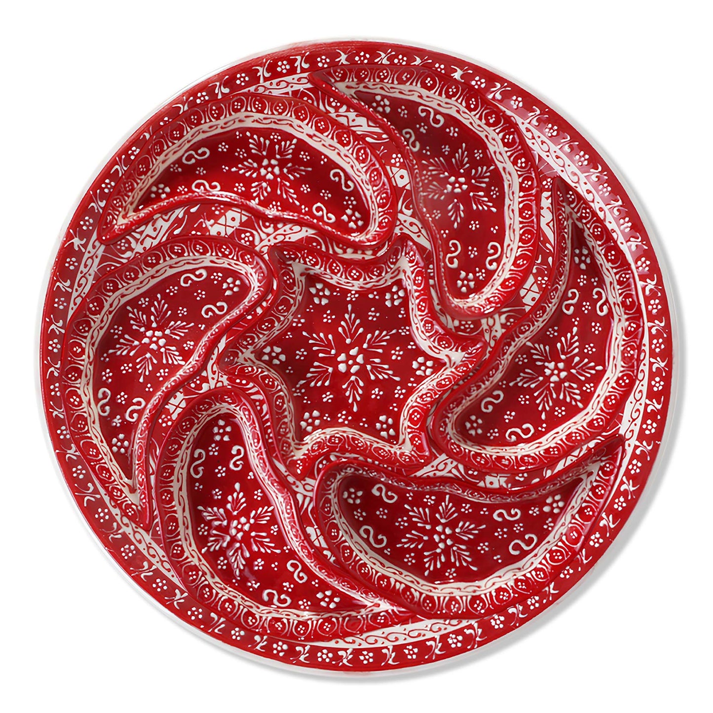 Hand-painted red Turkish ceramic serving tray set, 8-piece platter for snacks, appetizers, dips, and desserts, festive dining table centerpiece