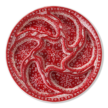 Hand-painted red Turkish ceramic serving tray set, 8-piece platter for snacks, appetizers, dips, and desserts, festive dining table centerpiece