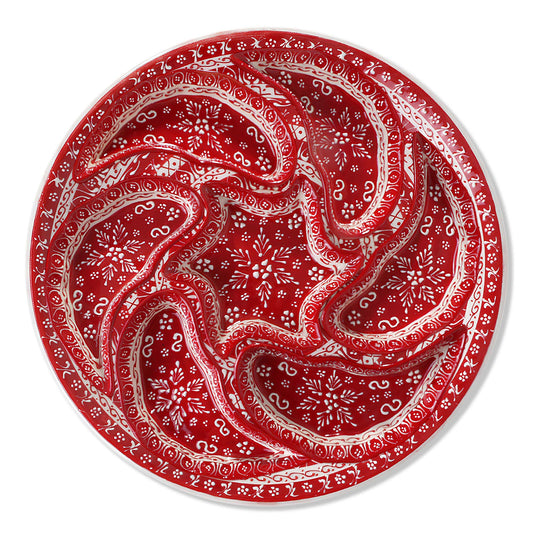 Hand-painted red Turkish ceramic serving tray set, 8-piece platter for snacks, appetizers, dips, and desserts, festive dining table centerpiece