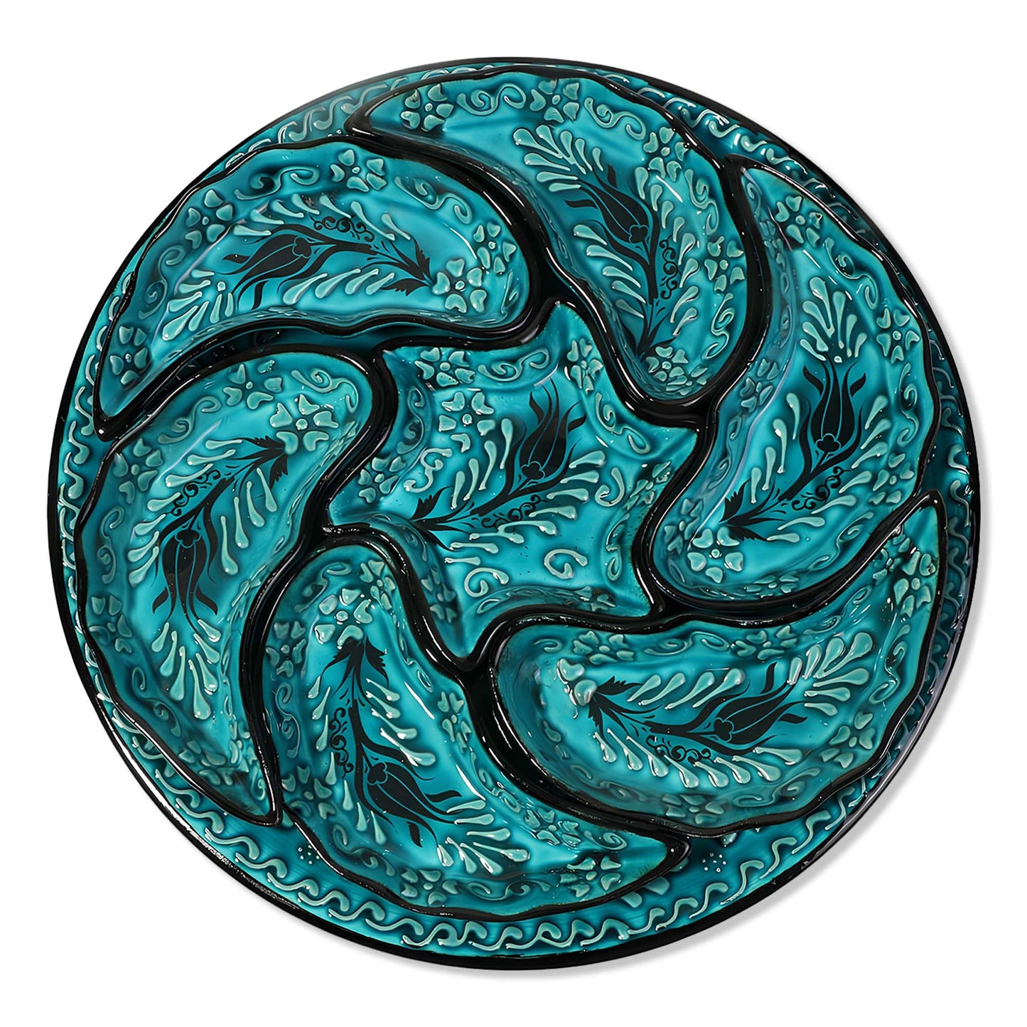 Decorative snack serving tray set with intricate blue and black patterns on a white background