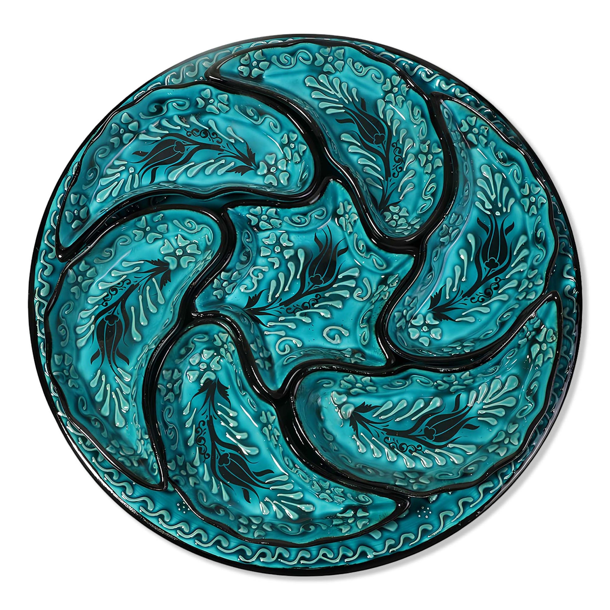 Decorative snack serving tray set with intricate blue and black patterns on a white background