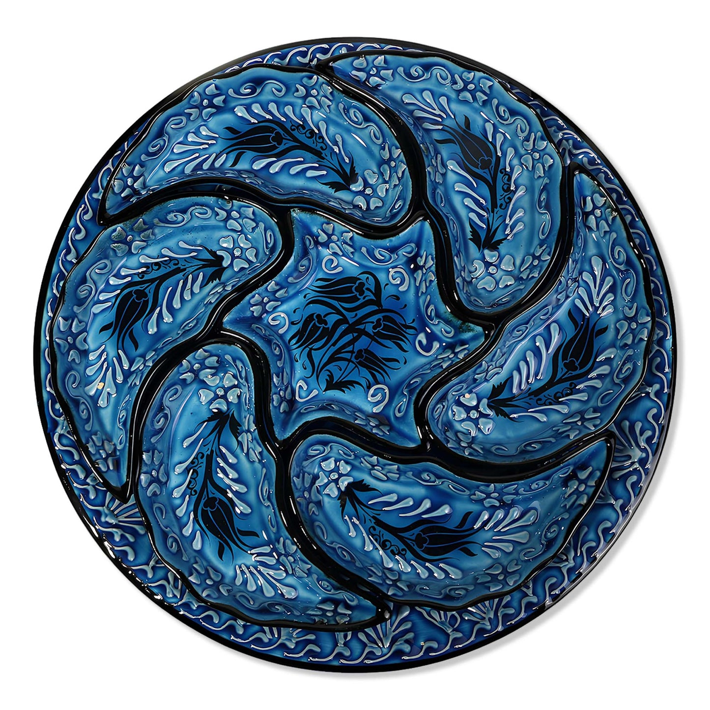 Decorative snack serving tray set with blue and black abstract design on a white background