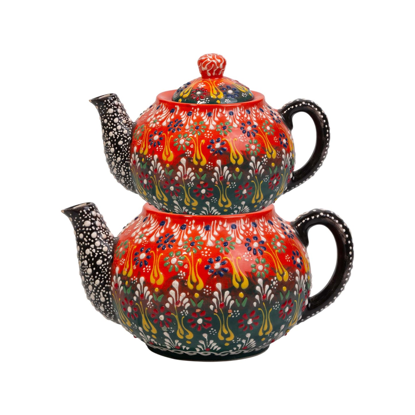 Decorative teapot with colorful floral patterns on a white background
