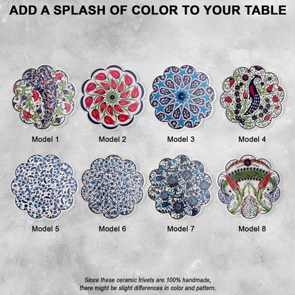 Set of eight ceramic trivets with various patterns on a gray background