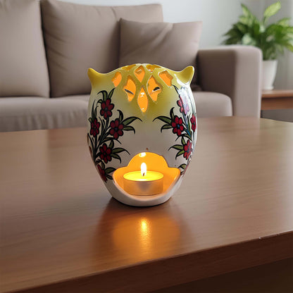 Owl design ceramic tealight candle holder handmade, artisan hand-painted owl-shaped lantern, fits real tealight or LED candles for cozy home décor