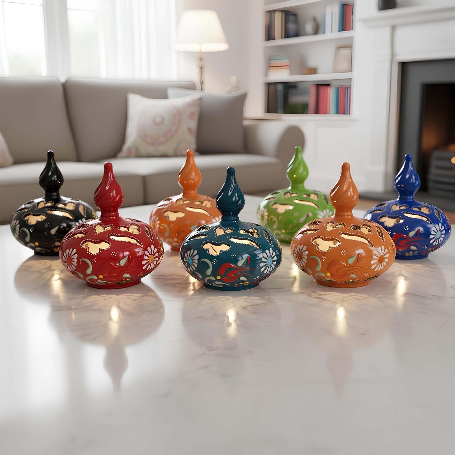 Minaret design ceramic tealight candle holder handmade, artisan hand-painted ceramic lantern for home décor, fits real tealight or LED candles