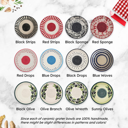 Collection of ceramic grater bowls with various patterns on a marble surface.