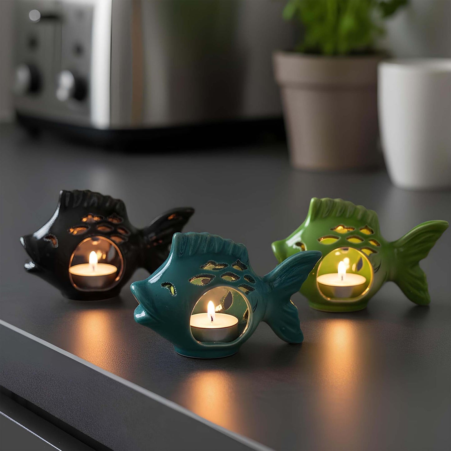 Fish design ceramic tealight candle holder handmade, artisan hand-painted ceramic lantern for home décor, works with real tealight or LED candles