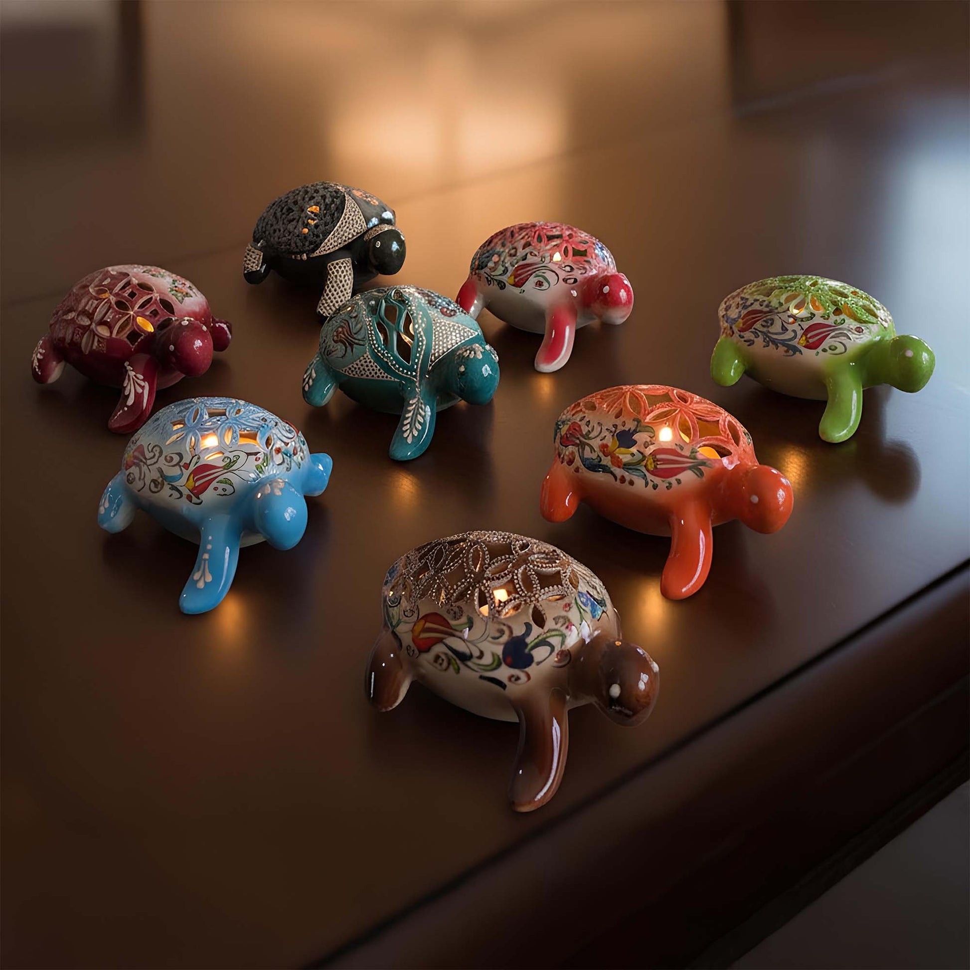 Hand-painted turtle design ceramic tealight candle holder, artisan handmade lantern for home décor, fits real tealight or LED candles