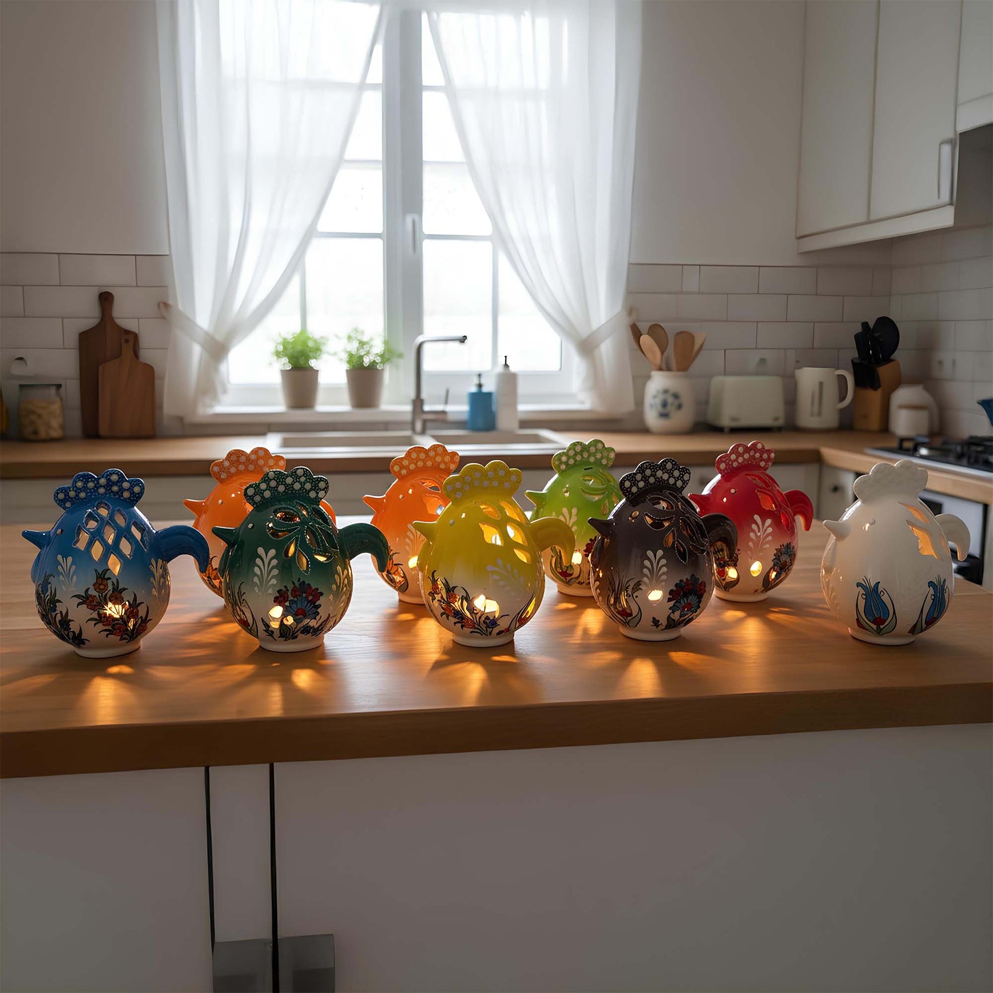 Rooster design ceramic tealight candle holder handmade, artisan hand-painted rooster lantern, fits real tealight or LED candles for rustic home décor