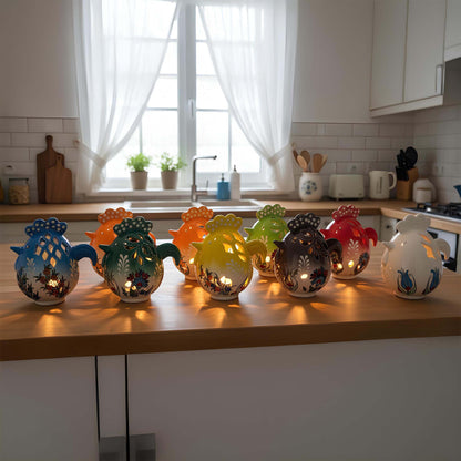 Rooster design ceramic tealight candle holder handmade, artisan hand-painted rooster lantern, fits real tealight or LED candles for rustic home décor