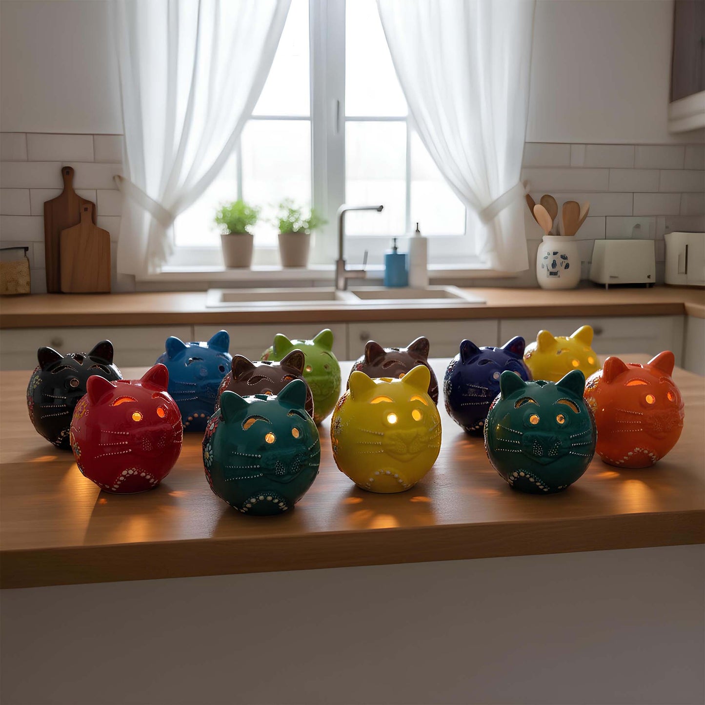 Cat design ceramic tealight candle holder handmade, hand-painted lantern for home décor, artisan ceramic candle holder for real or LED tealight candles