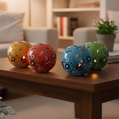 Orb design ceramic tealight candle holder handmade, artisan hand-painted round ceramic lantern for home décor, fits real tealight or LED candles