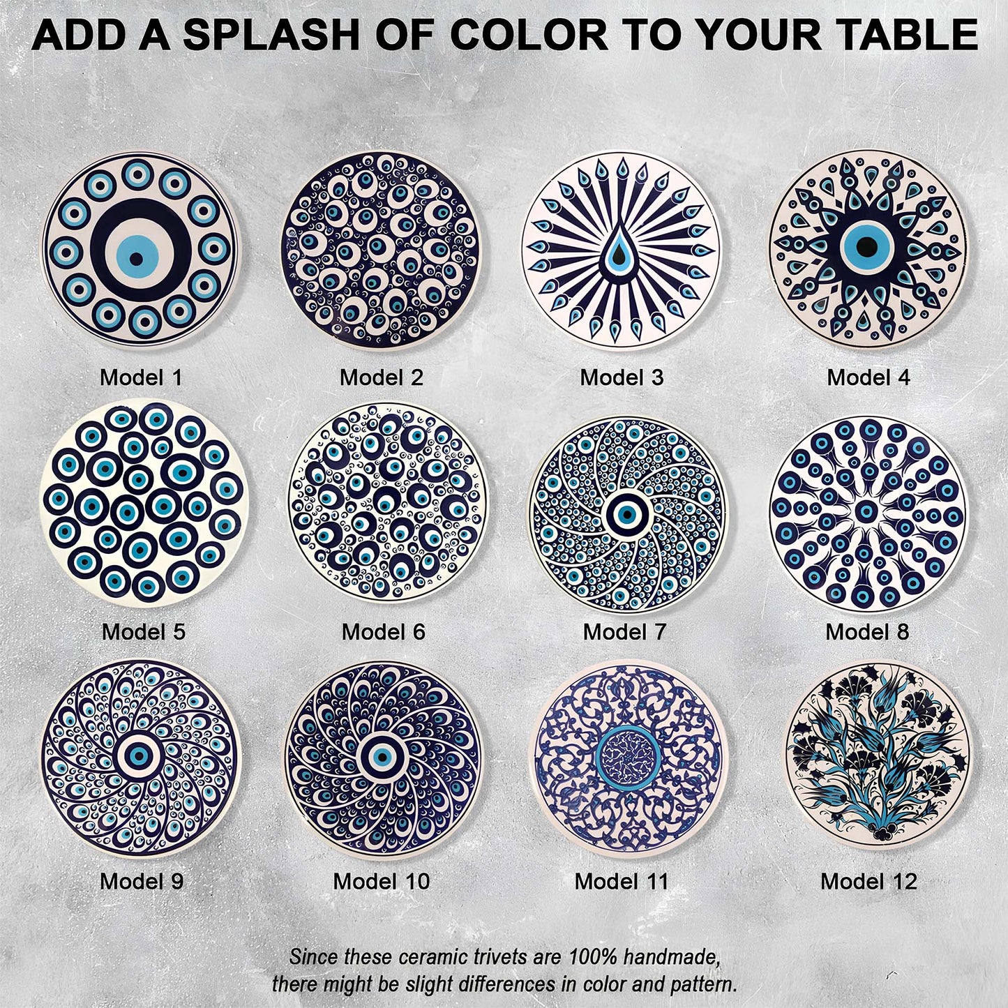Ceramic trivets with blue and white patterns on a gray background