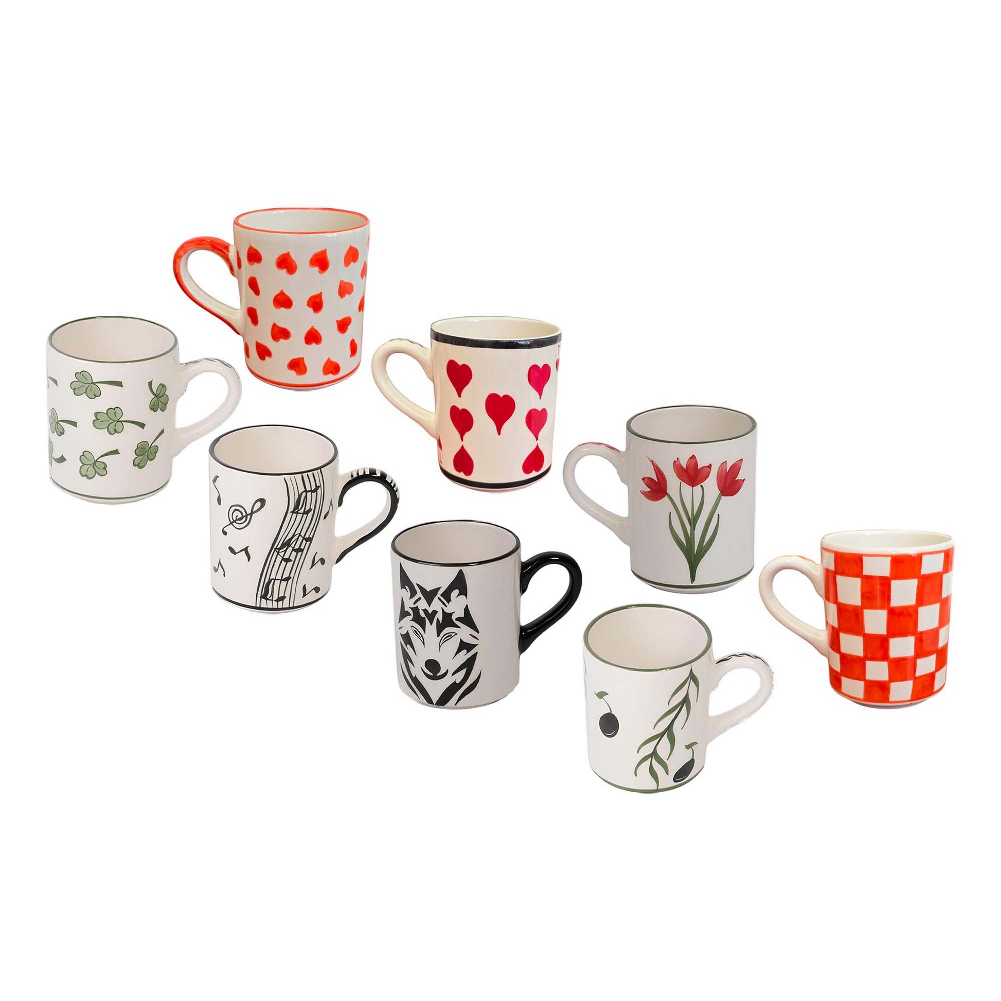 Set of decorative coffee mugs with various patterns on a white background
