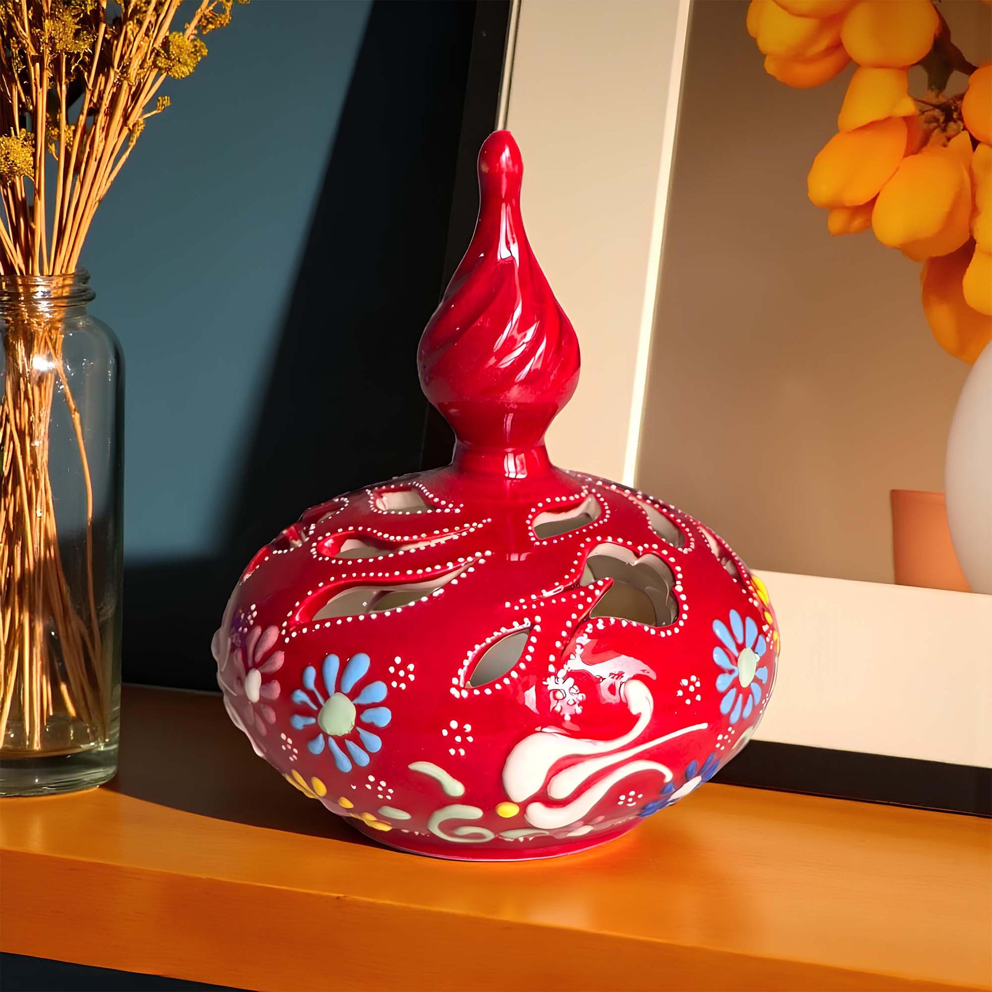 Minaret design ceramic tealight candle holder handmade, artisan hand-painted ceramic lantern for home décor, fits real tealight or LED candles